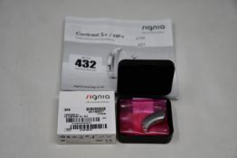 A boxed as new Signia Contrast S+ hearing aid in silver.