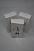 Three boxed as new Calvin Klein One eau de toilette (100ml) (Dust marks to outer boxes).