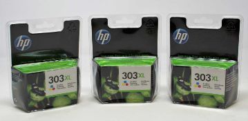 Three boxed as new HP 303XL High Yield Tri Colour Ink Cartridges (P/N: T6N03AE 301) (Some cosmetic