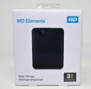 A boxed as new Western Digital Elements Portable 3TB External Hard Drive in Black (Box sealed).