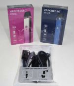 Two Vaporesso XROS pod kits (1x blue 1 x pink) and a leather case with usb-c cable (All packaging