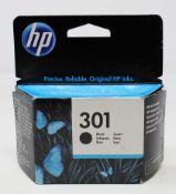 Four boxed as new HP 301 Black Ink Cartridges (P/N: C2P07AE UUS) (Some cosmetic damage to boxes).