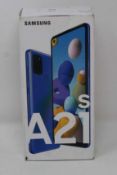 A boxed as new Samsung Galaxy A21s A217F/DSN 32GB in Blue (Box sealed, some cosmetic damage to