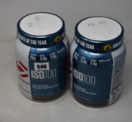 Four Dymatize ISO100 Hydrolyzed Protein Powder (100% Whey Protein Isolate) in chocolate peanut