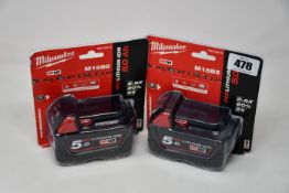 Two as new Milwaukee M18B5 18V 5.0Ah Lithium-Ion Batteries.