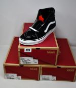 Three pairs of boxed as new Vans Sk8-Hi high top trainers in black and white (UK 10, 10.5, 12).