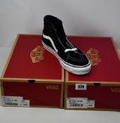Two pairs of boxed as new Vans Sk8-Hi high top trainers in black and white (UK 8.5 and 9.5).