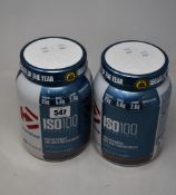 Four Dymatize ISO100 Hydrolyzed Protein Powder (100% Whey Protein Isolate) in chocolate peanut