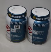 Four Dymatize ISO100 Hydrolyzed Protein Powder (100% Whey Protein Isolate) in chocolate peanut and