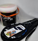 An as new Babolat Drive G 115 grey/blue tennis racket with case and an as new Dunlop Stage 2 60