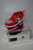 A pair of as new Nike Dunk Low Off White University Red Colorway trainers (UK 9).