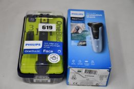 A Philips AquaTouch wet and dry shaver and a Philips OneBlade Face hybrid trimmer and shaver (May