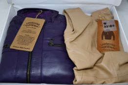 Two items of women's as new LeatherCult clothing; a jacket in purple and a dress in natural (No