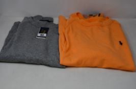 Three as new Ralph Lauren long sleeve tops (Two grey XS, XXL, one orange L - RRP £50 each).