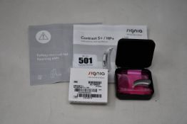 A boxed as new Signia Contrast S+ hearing aid in silver.