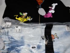 An as new Lazy Oaf Flintstones bomber jacket (S - RRP £100) and a pair of Lazy Oaf Flintstones jeans