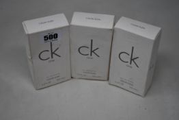 Three boxed as new Calvin Klein One eau de toilette (100ml) (Dust marks to outer boxes).