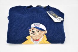 An as new Polo Ralph Lauren Yachting Bear crew knit navy sweater (XL - RRP £240).