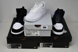 Three pairs of children's as new Nike trainers; Air Force 1 (UK 10.5K), Sky Jordan1 (UK 12.5K) and