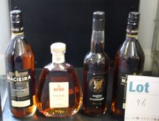 A bottle of Hine rare VSOP cognac (70cl), two bottles of Maciera five star royal spirit (1000ml) and