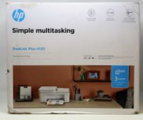 A boxed as new HP DeskJet Plus 4120 All-in-One Printer (P/N: 3XV14B) (Box sealed, box damaged to