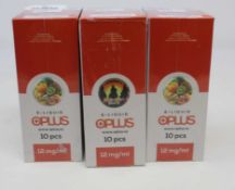 Six boxes of ten (10ml) OPLus E-Liquid in Fruit Mix and American Blend 12mg/ml (Over 18s only).