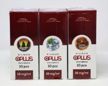 Six boxes of ten (10ml) OPLus E-Liquid in American Blend, Classic Tobacco and Ice Mint 18mg/ml (Over