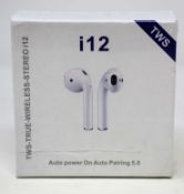 Five boxed as new pairs of i12 TWS Wireless Bluetooth 5.0 Earbuds (Boxes sealed).