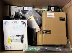 COLLECTION ONLY: A box of assorted as new small electrical items and accessories (Some boxes