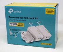 A boxed as new TP Link Powerline 600 Wi-Fi 3-pack Kit (TL-WPA4220 TKIT) (Some cosmetic damage to