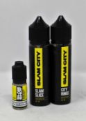 Collection only: A box of assorted Slam City 0MG 50ML E-Liquids and Slam Shot Nicotine Boosters (