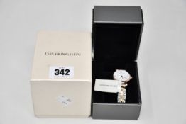 A women's boxed Emporio Armani AR1926 rose gold wristwatch.