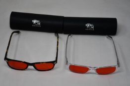 A pair of as new RA Optics Popp Ultimate Night blue light blocking glasses and a pair of Herschel