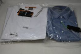 Three as new white Hugo Boss polo shirts (1 x S, 2 x M) and a Hugo Boss shirt (M).