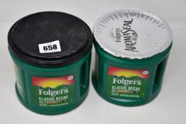 Six 865g tubs of Folgers Classic Decaff ground coffee.