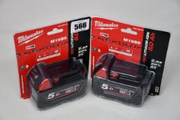 Two as new Milwaukee M18B5 18V 5.0Ah Lithium-Ion Batteries.