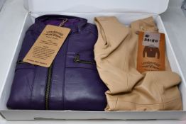 Two items of women's as new LeatherCult clothing; a jacket in purple and a dress in natural (No