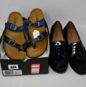 A pair of as new Jones Bootmaker Geranium black patent loafers (UK 9) and Jones Bootmaker Feix