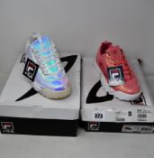 Two pairs of Fila Disruptor II trainers; Liquid Luster (UK 3) and Iridescent (UK 8).