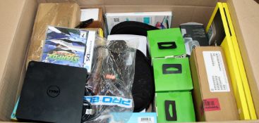 COLLECTION ONLY: A box of assorted new and pre-owned small electrical items and accessories.