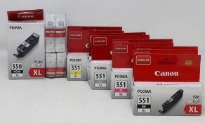 Fourteen boxed as new Canon Pixma Ink cartridges: 1 x 550 PGBK XL Black, 3 x 551 XL Black, 2 x 551