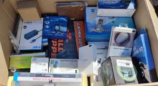 A box of assorted as new electrical items and accessories to include FPV Drone, Smart Doorbell,