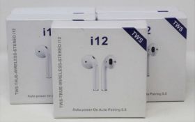 Five boxed as new pairs of i12 TWS Wireless Bluetooth 5.0 Earbuds (Boxes sealed).
