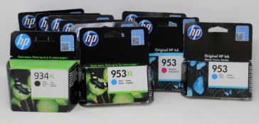 Six boxed as new HP 953XL Cyan Ink Cartridges (F6U16AE BGX) (Expiry: April 2022), two HP 953 Magenta