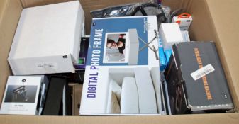 A box of assorted as new electrical items and accessories to include USB DVD drives, Bluetooth