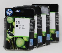 Four boxed as new HP 15 Black Ink Cartridges (P/N: C6615DE) (Boxes sealed, some damage to boxes).