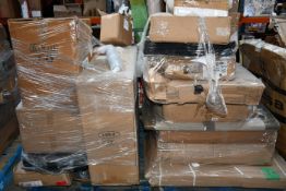A pallet of miscellaneous flat pack furniture, household and related items.