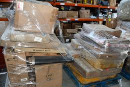 A pallet of miscellaneous flat pack furniture, household and related items.