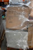A pallet of miscellaneous flat pack furniture, household and related items.