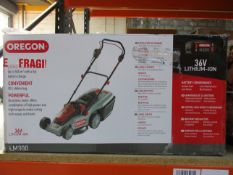A boxed as new Oregon LM300 cordless lawnmower with battery and charger (Distressed box).
